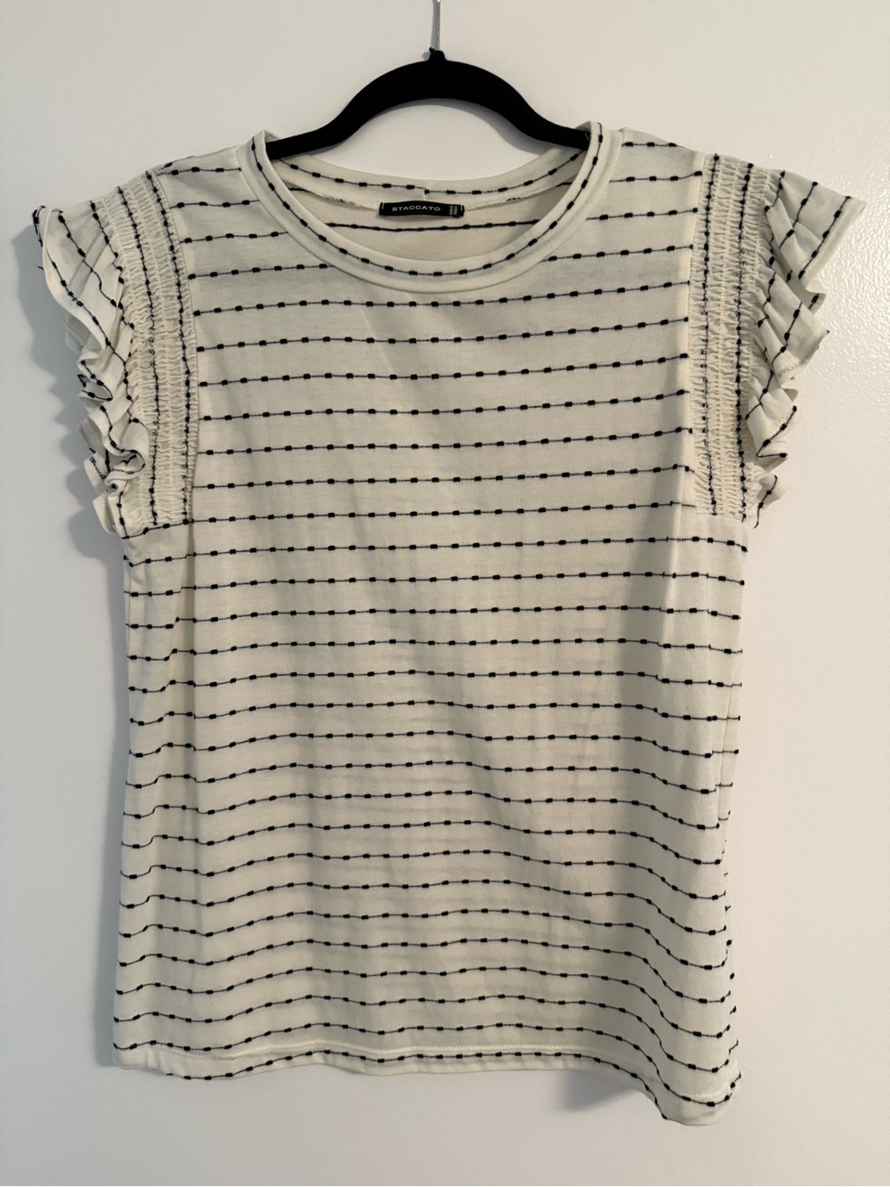 Staccato White Black Dotted Stripe Ruffle Sleeve Tee Top Medium